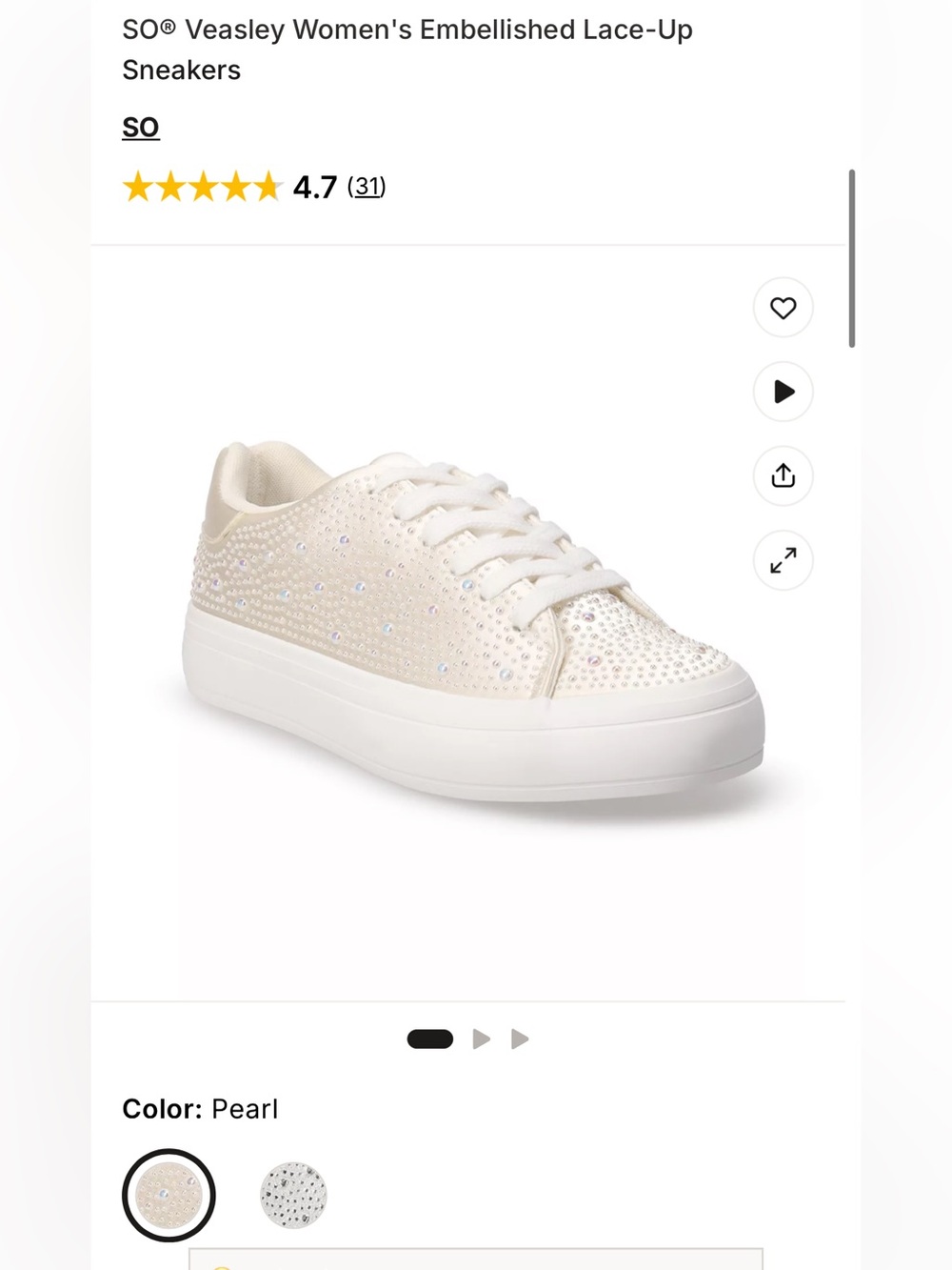 NWOT SO® Veasley Women's Embellished Lace-Up PEARL Sneakers